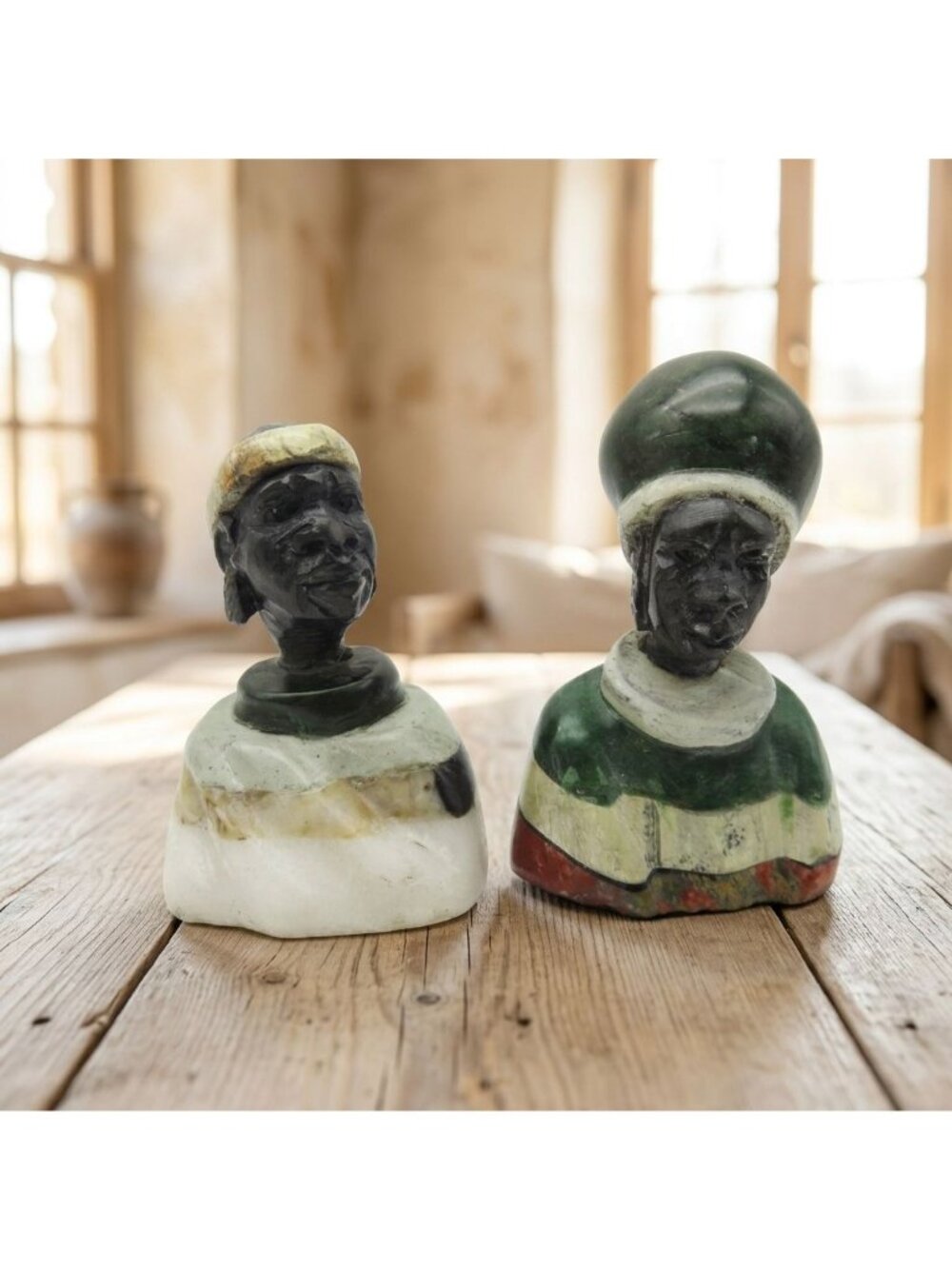 Small Stone Bust Set Hand Carved in South Africa 3.5" and 2.7" - Picture 1 of 12
